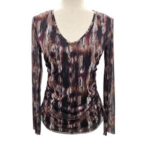 Viereck Womens Small V-Neck Long Sleeve Ruched Mesh Abstract Print Top Burgundy